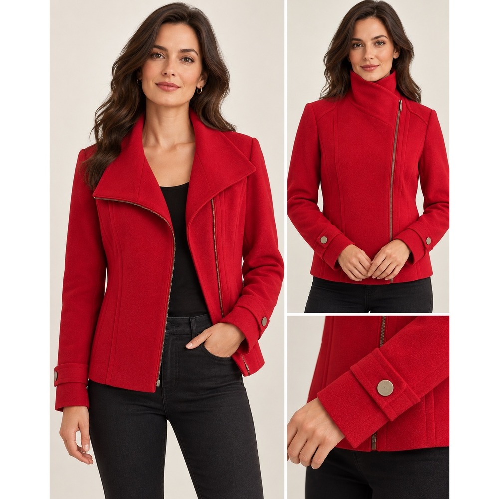 Tribal Red Asymmetrical Zip Funnel Neck Moto Jacket 8